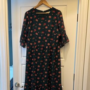 LOFT Dark Green Floral Midi Dress